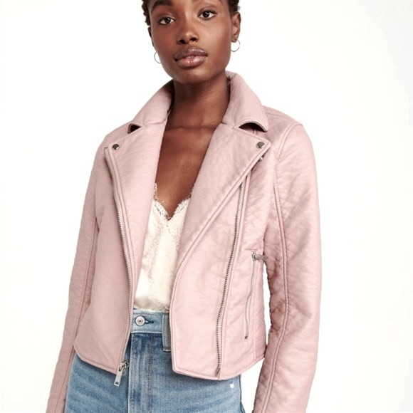 Abercrombie & Fitch Jackets & Blazers - Abercrombie and Fitch pink vegan faux leather Moto jacket zip up Barbiecore